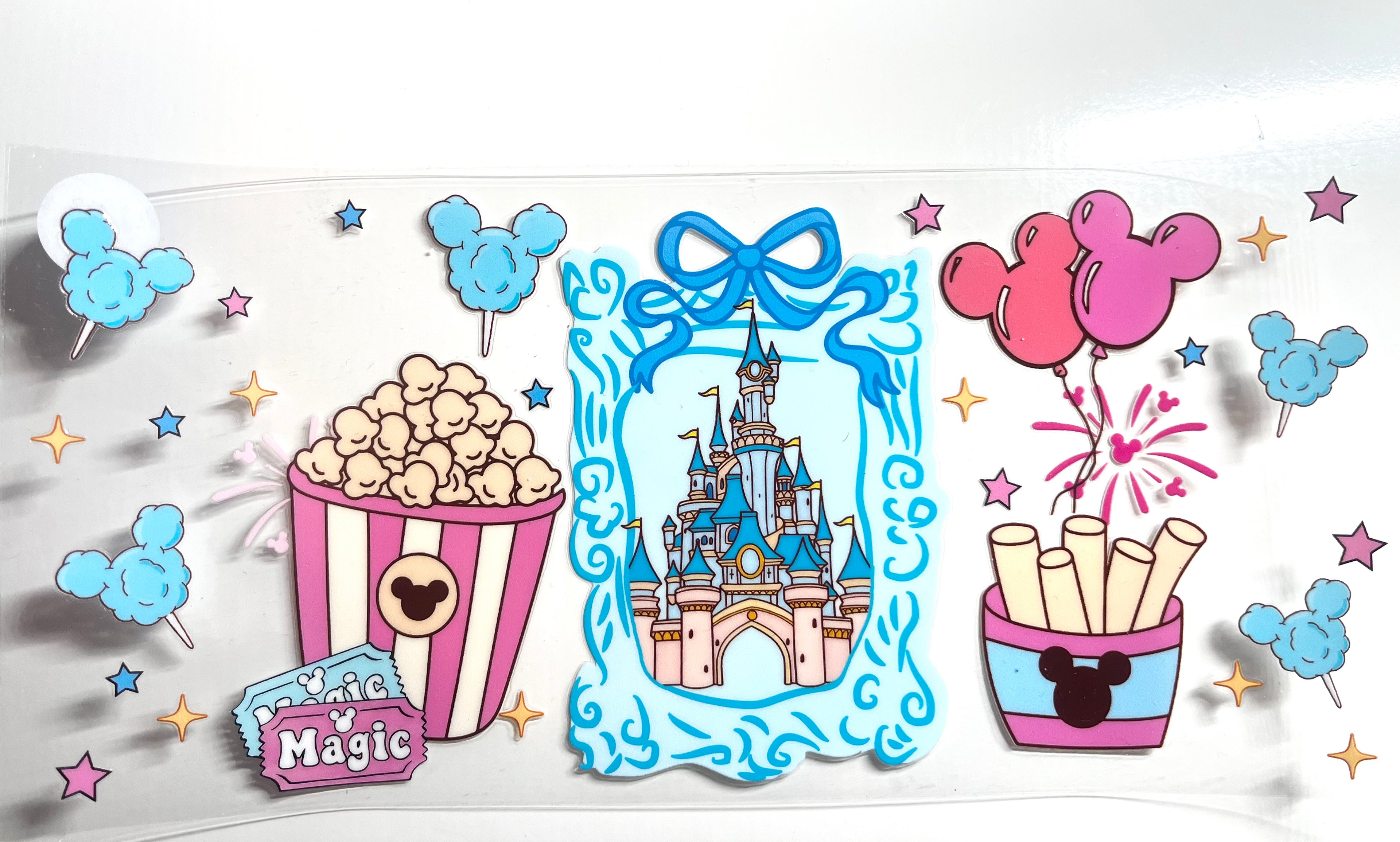 Disney park magic decal with castle, popcorn, churros, cotton candy, balloons and fireworks