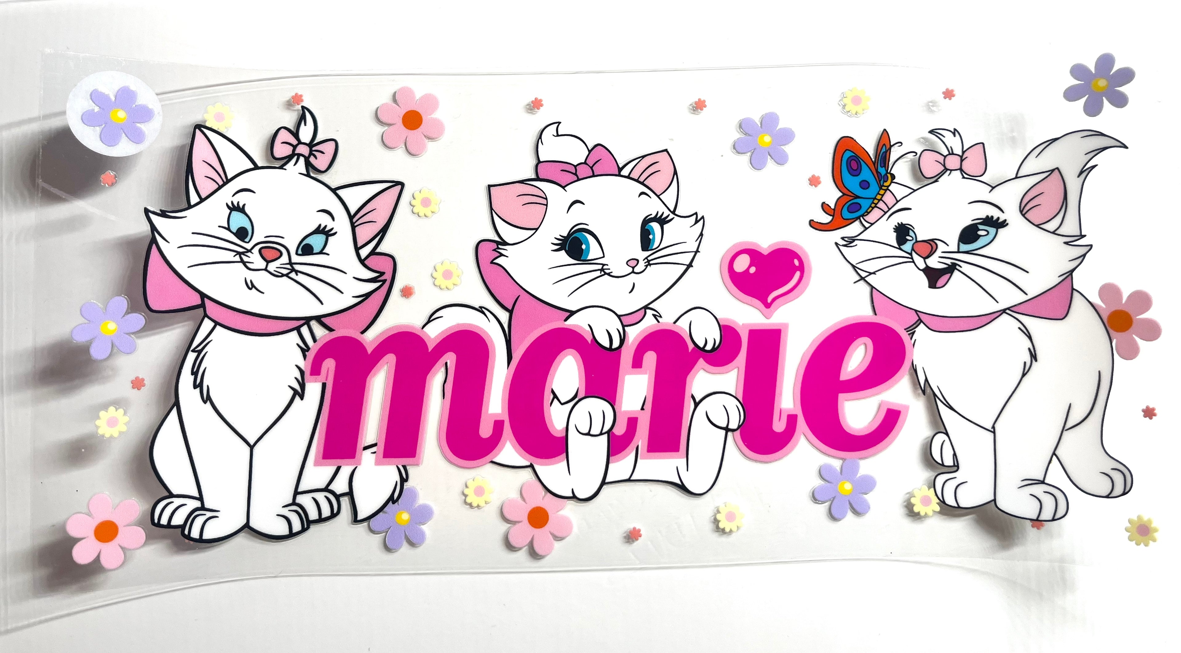 Marie Aristocats name decal with heart, butterfly, and flowers