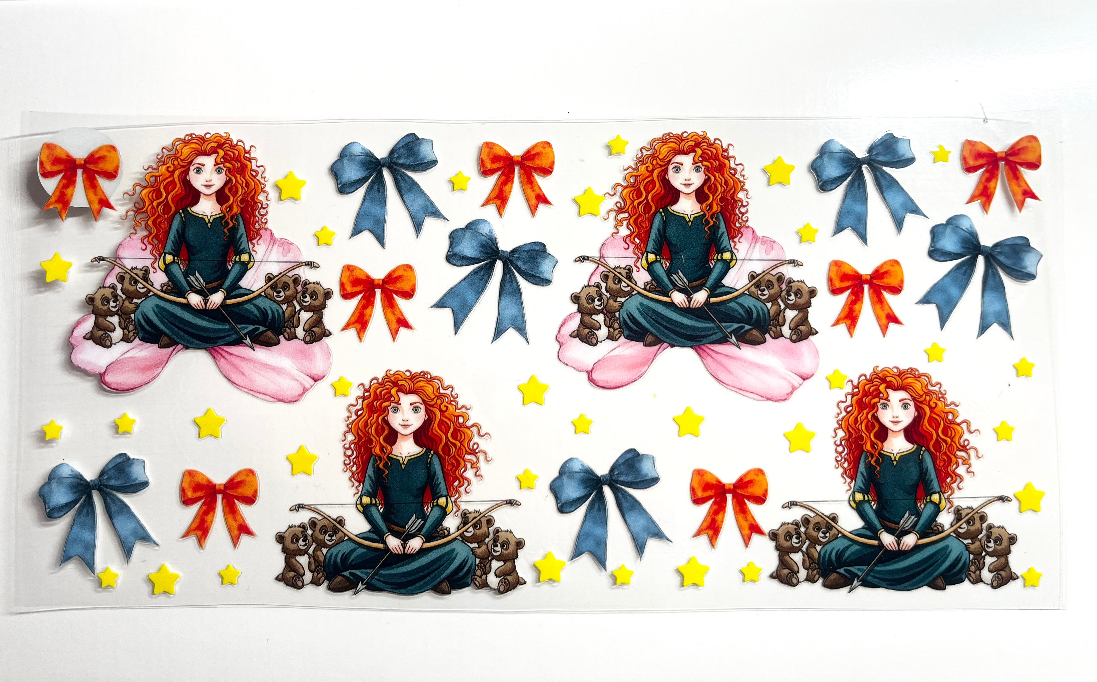 Merida from Brave decal with bear cubs, red and blue bows, and stars