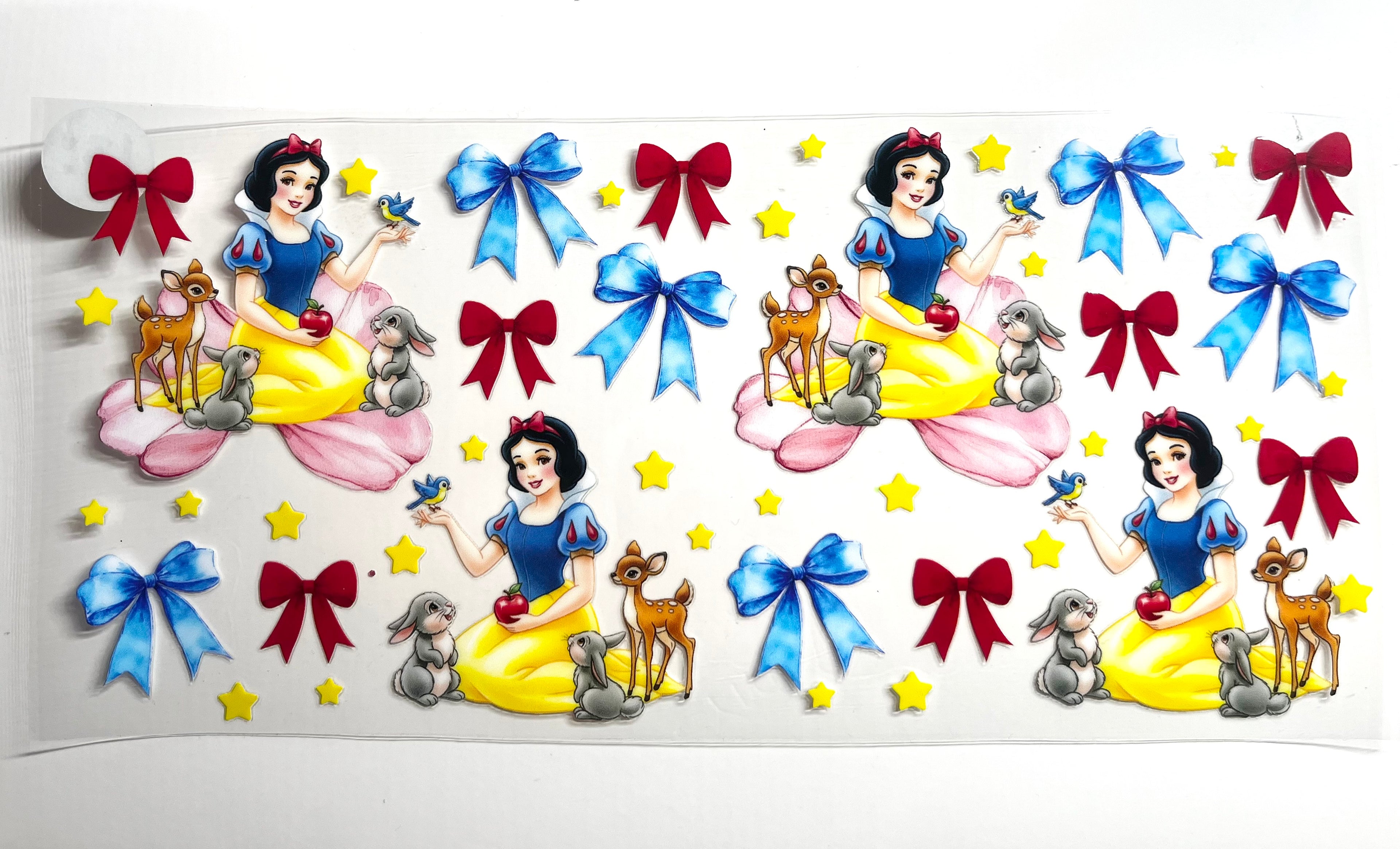 Snow White decal with forest animals, red and blue bows, and stars
