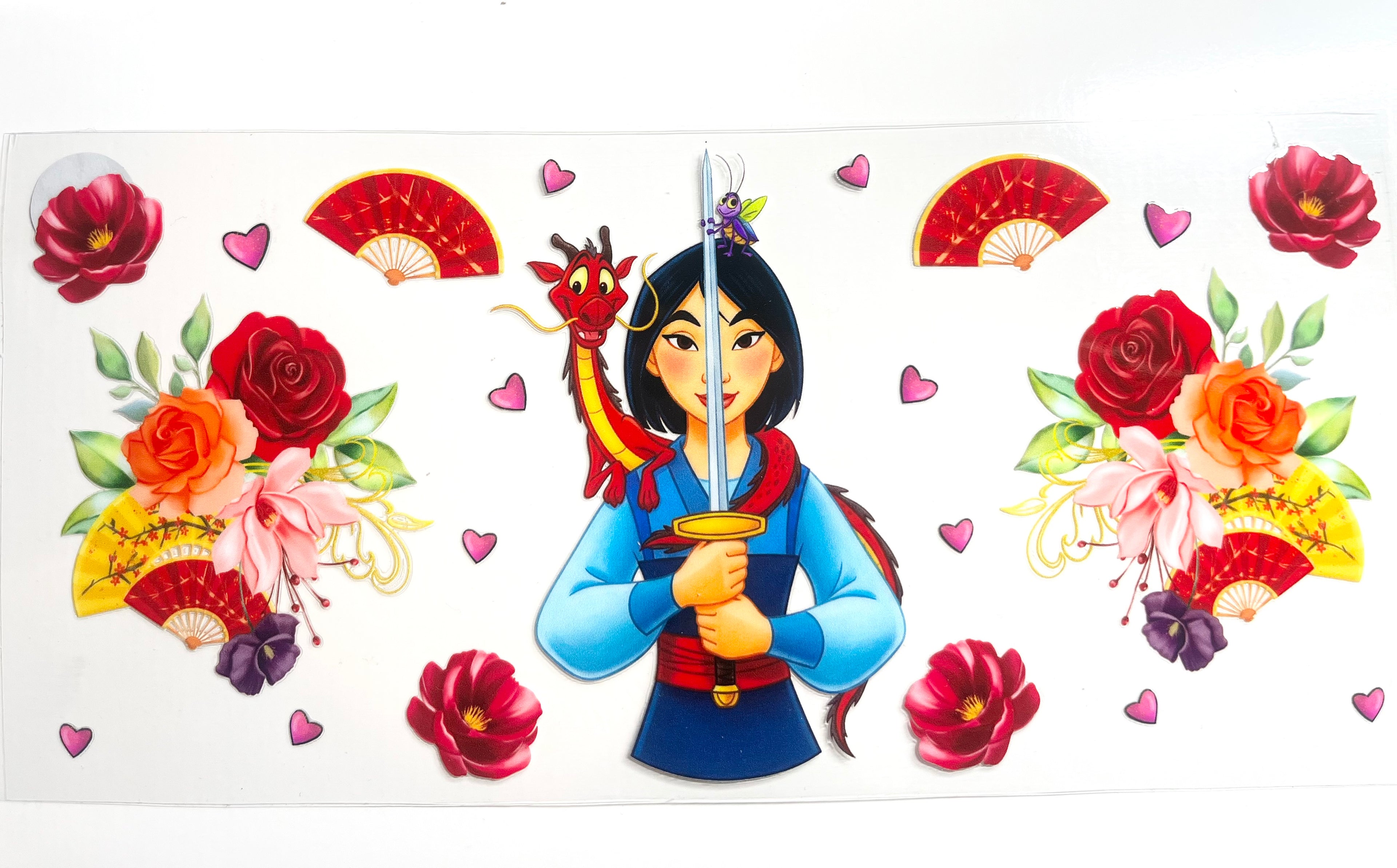 Mulan decal with Mushu dragon, sword, red fans, and roses