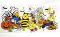 Halloween Winnie the Pooh decal with Pooh as bee, Piglet, Eeyore, Tigger and Rabbit in costumes with pumpkins and bats