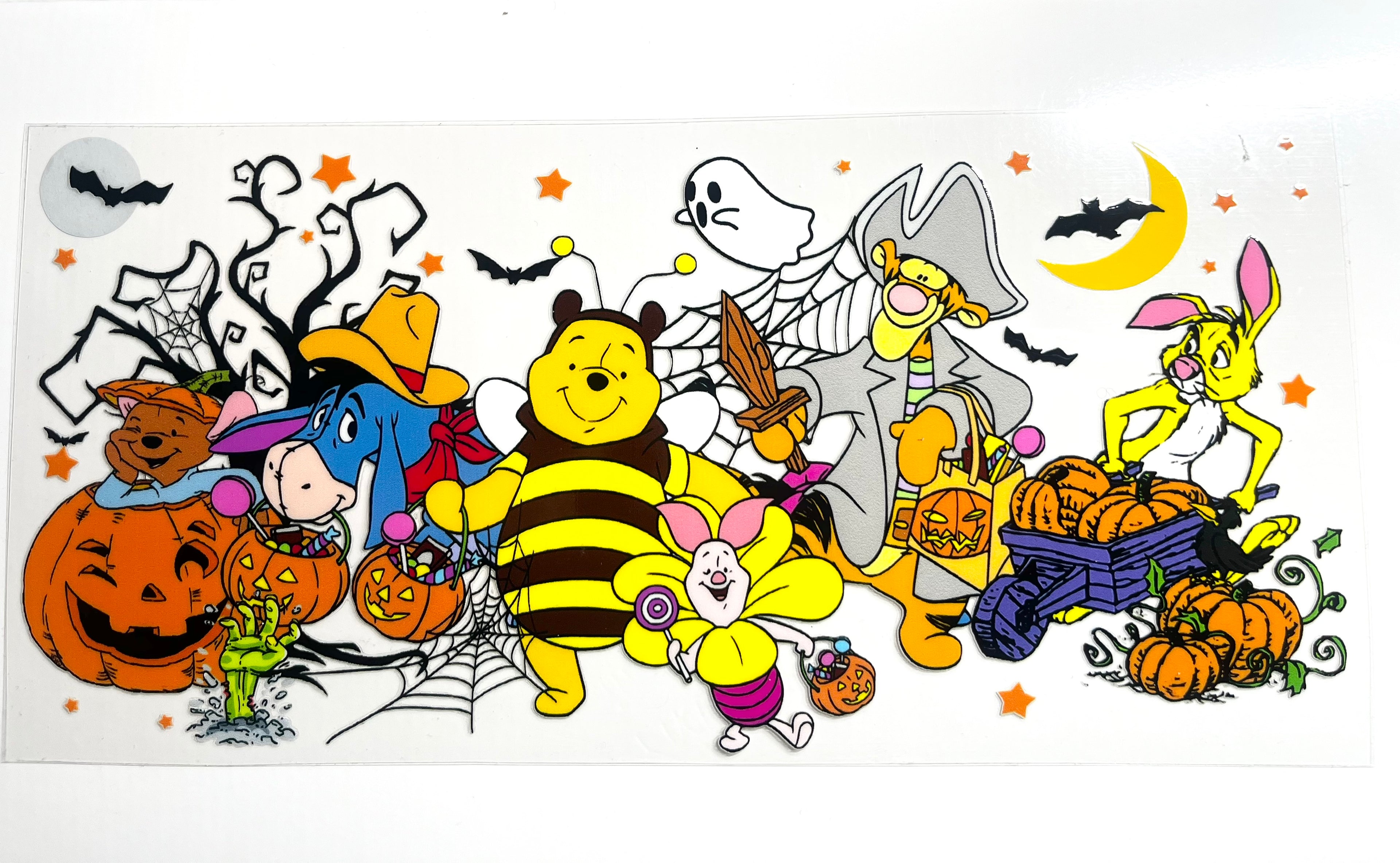 Halloween Winnie the Pooh decal with Pooh as bee, Piglet, Eeyore, Tigger and Rabbit in costumes with pumpkins and bats