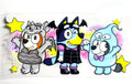 Halloween Bluey, Bingo, and Muffin decal in wolf, vampire bat, and ghost costumes with stars