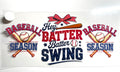 Hey Batter Batter Swing baseball season decal with crossed bats, ball, and red gingham bow