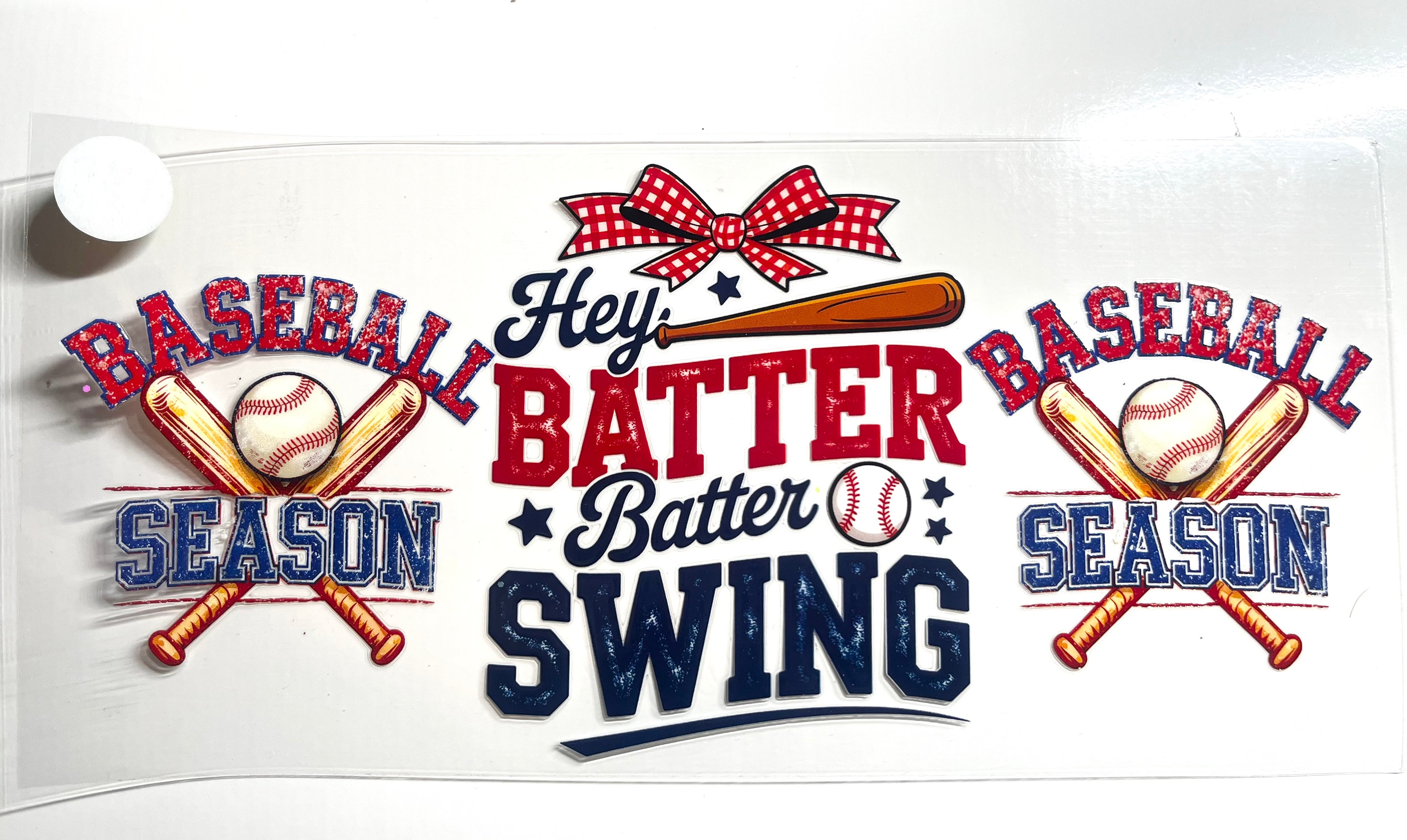 Hey Batter Batter Swing baseball season decal with crossed bats, ball, and red gingham bow