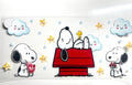 Snoopy and Woodstock on red doghouse with stars and clouds decal, Snoopy with donut and flowers