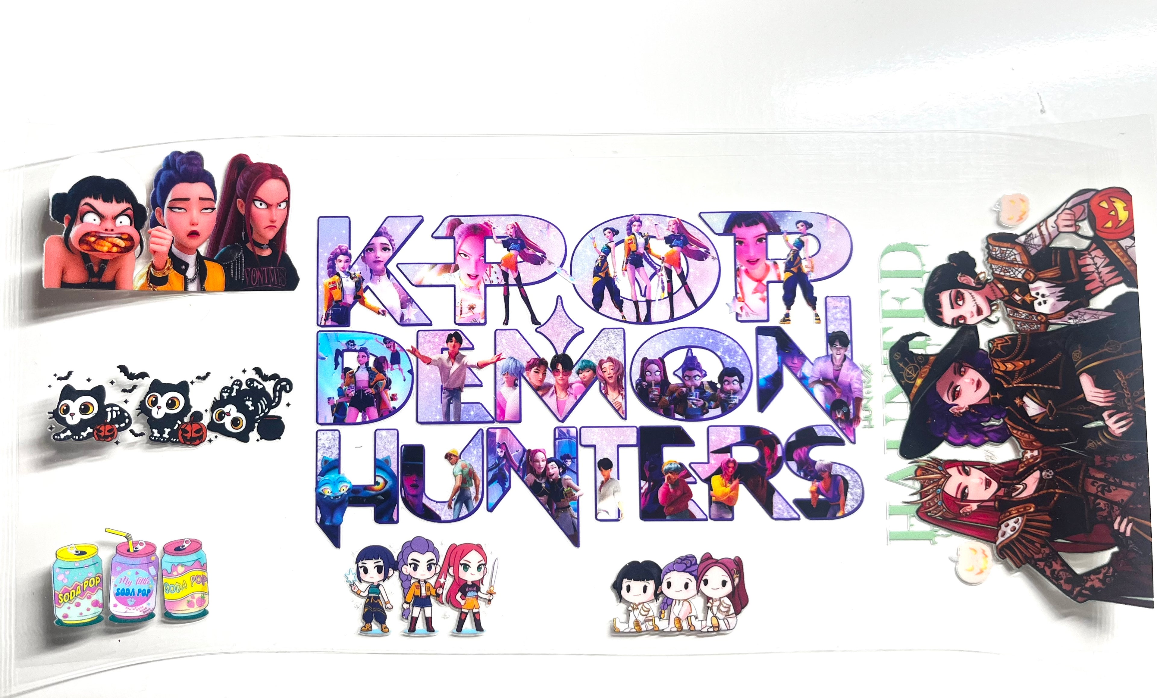K-Pop Demon Hunters decal sheet with anime characters, chibi figures, and soda pop stickers