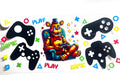 Freddy Fazbear gamer decal with game controllers, Play and Game text, and colorful shapes