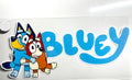 Bluey and Bingo hugging with Bluey logo decal